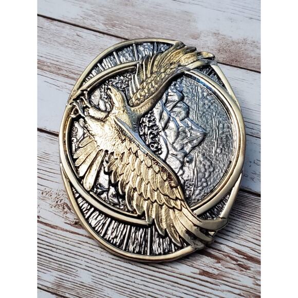 Large Men's Belt Buckle Silver Tone with Gold Tone Eagle Design - Picture 2 of 6